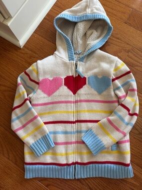Hanna Andersson Cream Hooded Zip Sweater with Pink, Red & Blue Hearts